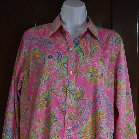 Lauren Ralph Lauren Blouse L Neon Pink Paisley Cotton Button Up Resort Chic - Picture 8 of 15